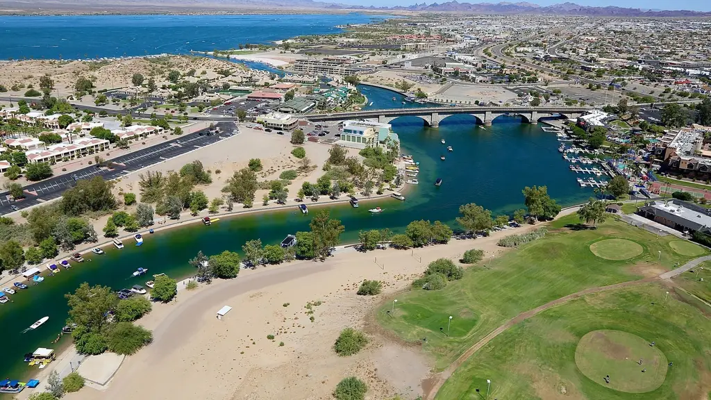 Aerial view of Lake Havasu City, Arizona, showing the Bridgewater Channel, London Bridge and surrounding neighborhoods